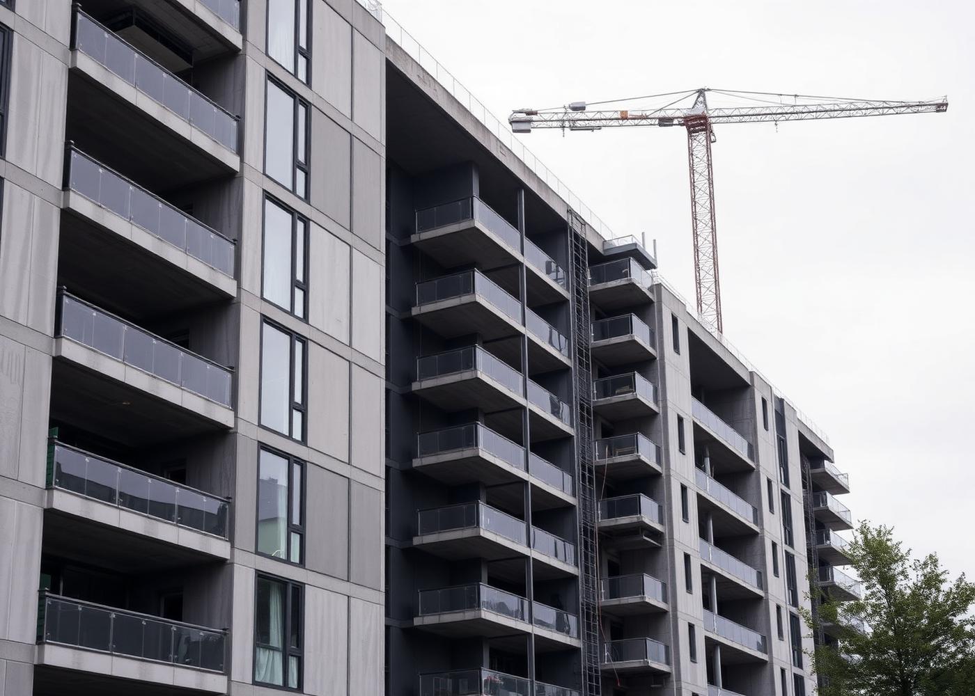 Rozestavěný bytový dům s betonovými balkony a stavebním jeřábem