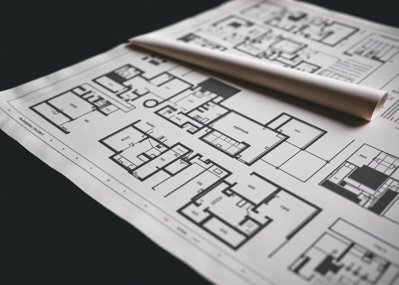 Rozložené architektonické půdorysy a technická dokumentace na pracovním stole